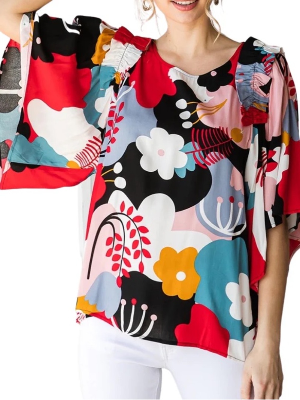 Jodifl Abstract Floral Flutter Sleeve Blouse Oversized Boho Top M - Picture 7 of 7